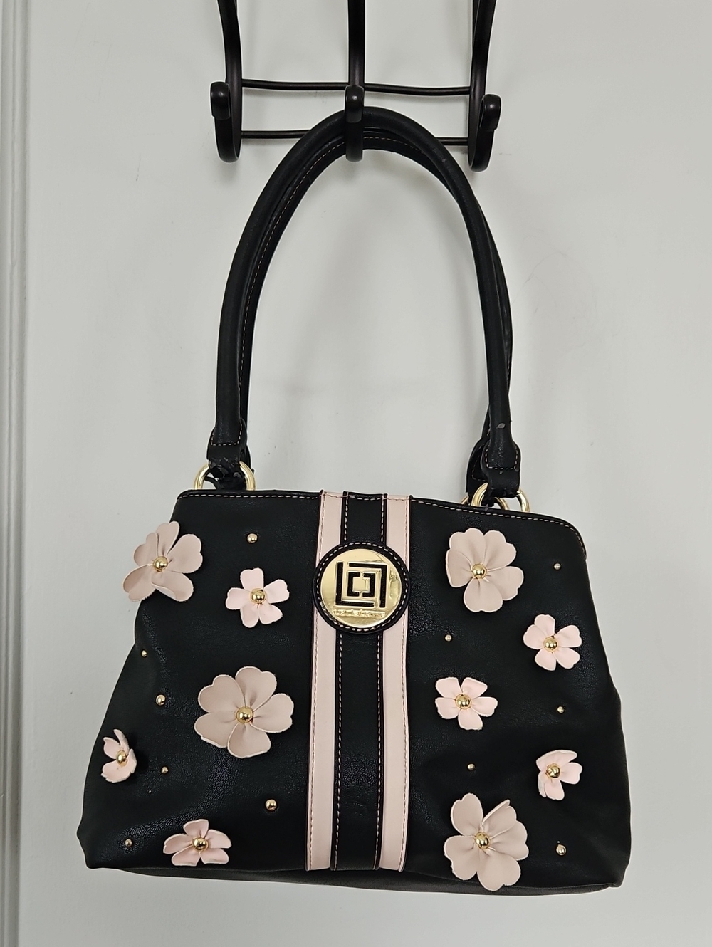 Liz Claiborne Black Floral Appliqué Satchel / Shoulder Bag with Pink Accents